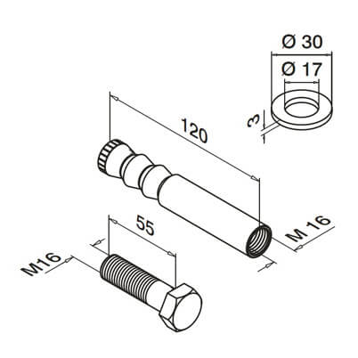 M16 Anchor Bolt With Inside Thread - Dimensions