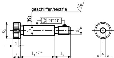 ISO7379 Socket Head Shoulder Screw - Technical Drawing - L1+L2=OAL, d2=Thread Dia., d1=Shank Dia., k= Head Height
